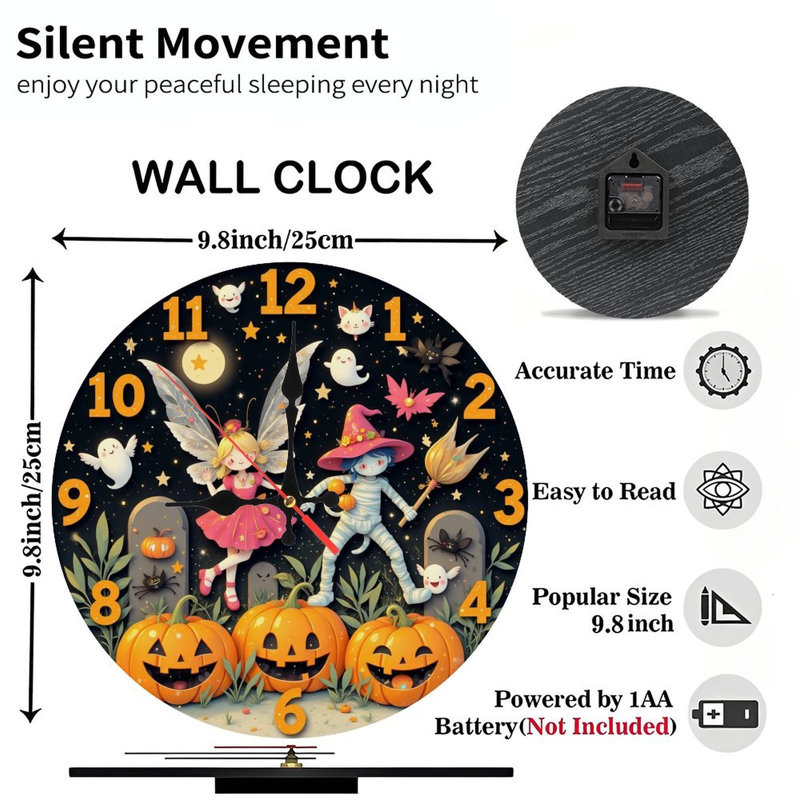 Horloge d'Halloween fée, citrouilles d'Halloween
