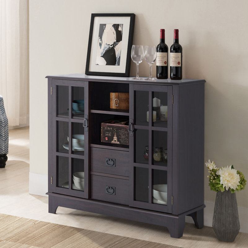 Élégante armoire en noyer avec portes en verre, 2 tiroirs et un grand espace de rangement, Noir
