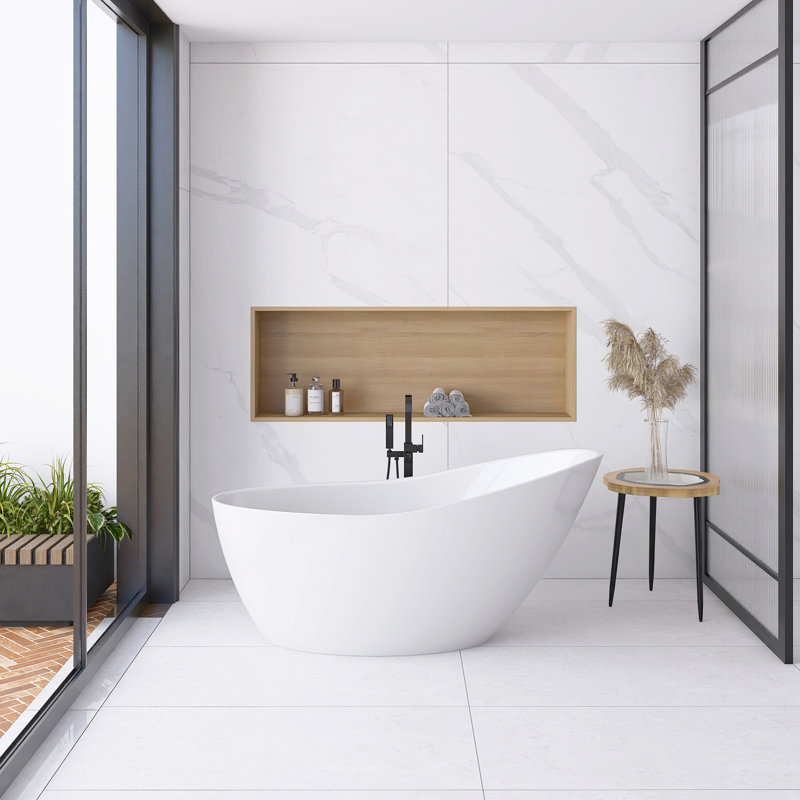 59 po X 31 po Baignoire de trempage avec drain central en blanc brillant / chrome