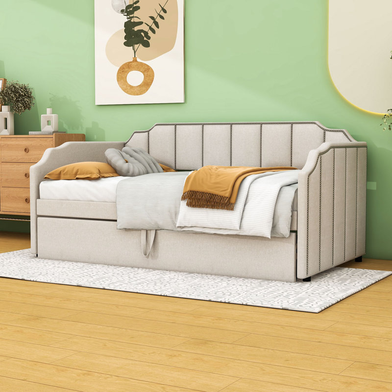 Lit de jour simple rembourré avec couchette, ports USB et lattes, Beige