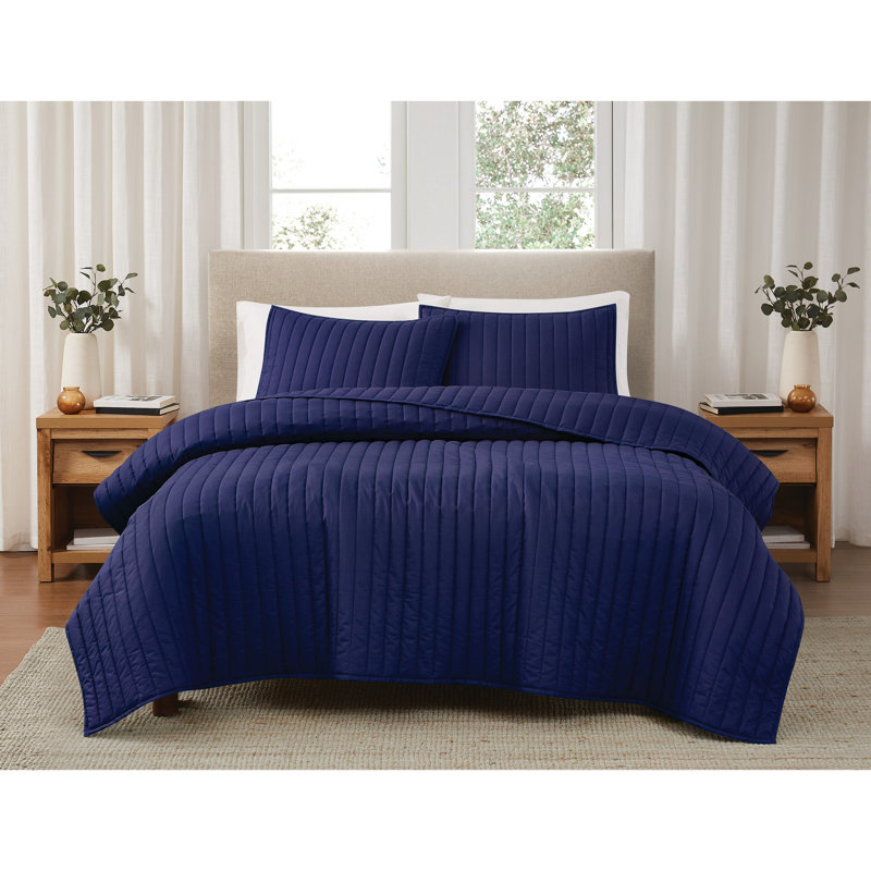 Ensemble de courtepointe standard en coton, Courtepointe double / grand + 2 taies décoratives, Bleu marine