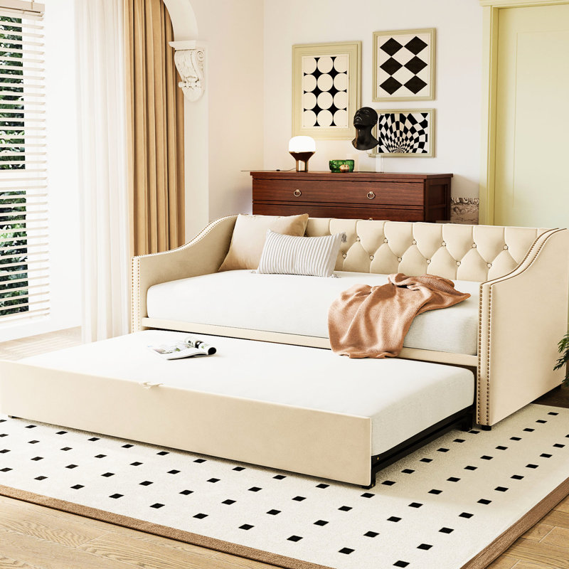Lit de jour simple beige avec lit gigogne escamotable - Lit multifonctionnel pour toute occasion, Beige