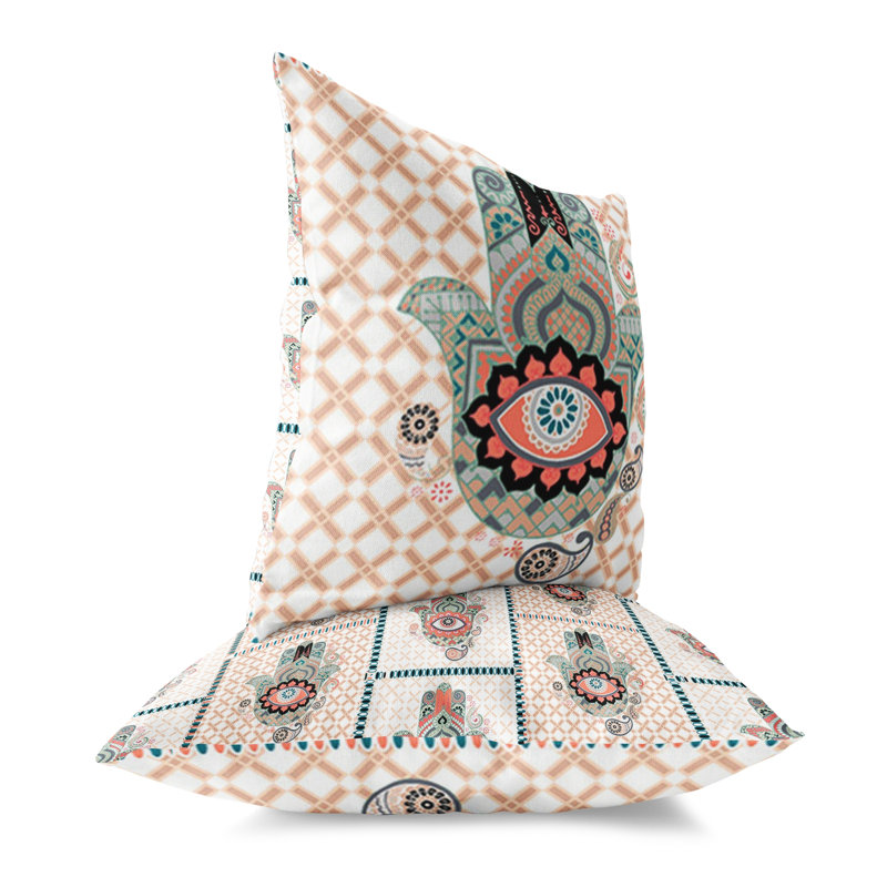 Housse et insert de coussin carré intérieur / extérieur en polyester Heavenly Hand, 20 po x 20 po, Blanc / orange