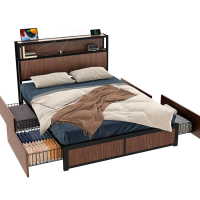 American Style Queen Bed Frame With Four Storage Drawers, Stable Iron And Bedside Socket, For Bedroom Of Brown Engineered Hardwood, Chic Headboard Structure, Ideal