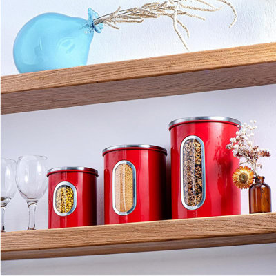 3-Piece Red Canisters Sets, Airtight Canister Set With See Through Window, Storage Jars For Coffee Container, Tea Organizer & Sugar Canister, Red