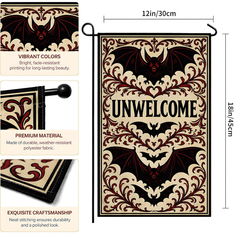 Décorations d'Halloween extérieures - Drapeau de jardin de chauve-souris gothique indésirable | Décorations d'Halloween, cadeaux et fournitures pour les fêtes, bannière double face pour jardin, cour, porche, terrasse et pelouse