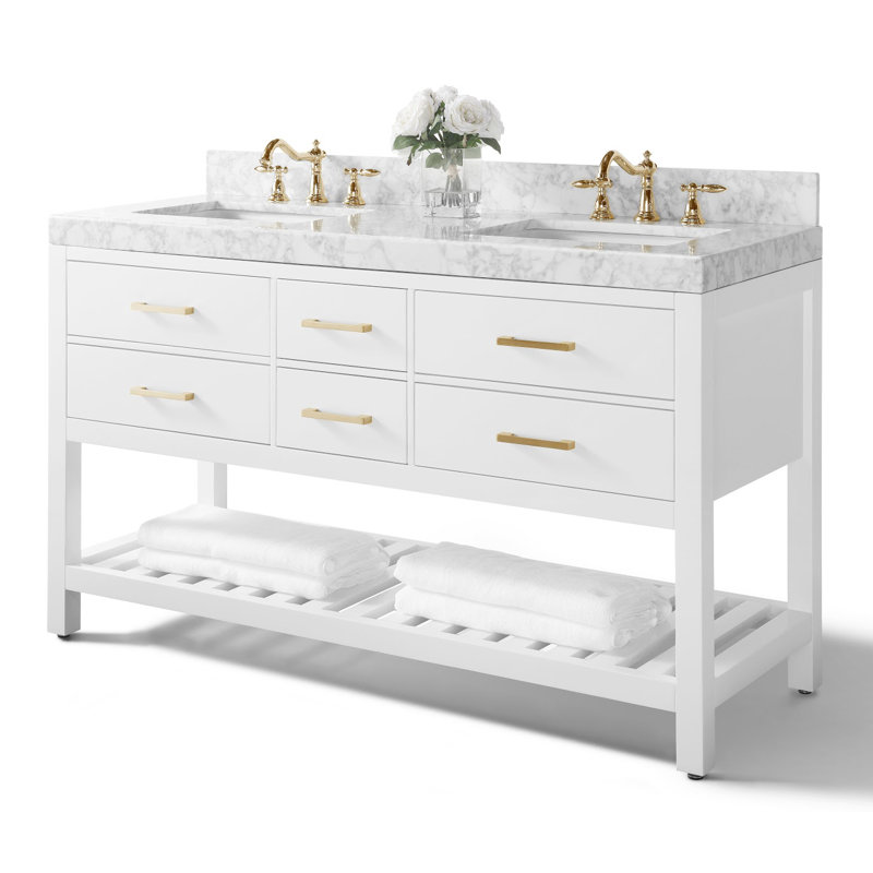 Elizabeth 60'' W Double Vanity, Carrara White, Gold, Heritage Blue