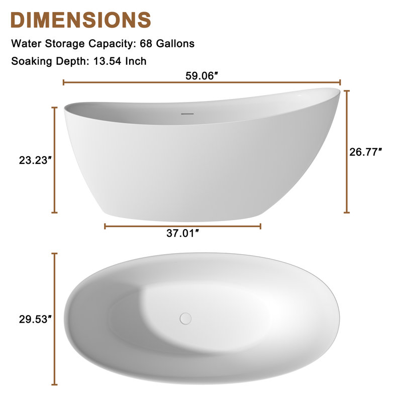 Crestone 59" x 30" Soaking Solid Surface Stone Bathtub with Pollow