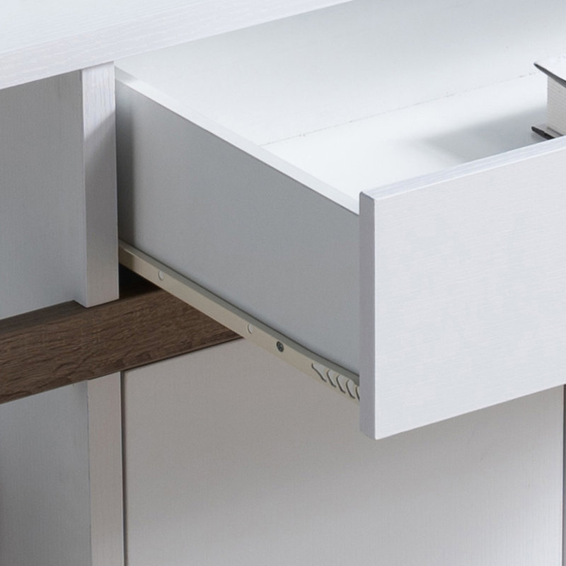 Buffet de cuisine blanc et taupe foncé - 4 tablettes, 1 tiroir, 2 armoires, solution de rangement élégante et moderne avec tablettes ouvertes.