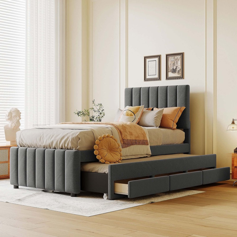 3 Drawers Upholstered Bed With Trundle, Gray, Twin