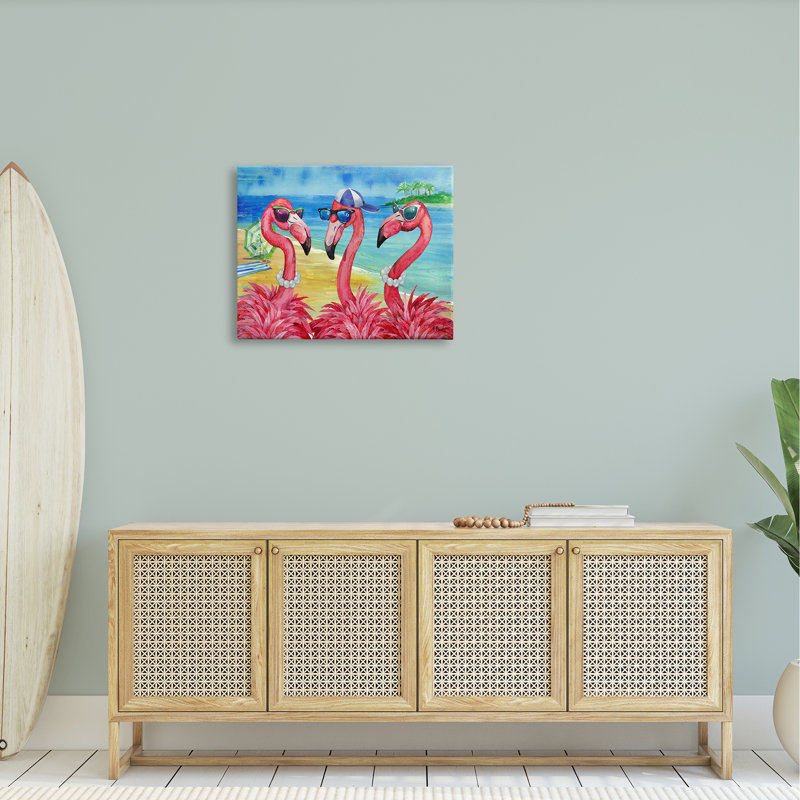 Flamingo Friends Tropical Island Coast par Paul Brent - peinture sur toile tendue, H 24 po x l 30 po x P 1,5 po