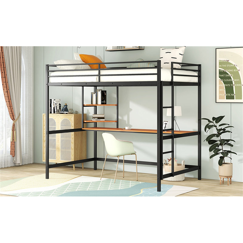 Lit mezzanine double en métal avec bureau et tablette, Noir