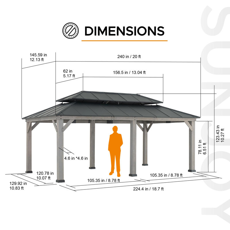 Sunjoy 12' x 20' Cedar Wood Gazebo with Two-Tier Steel Hardtop Roof for Patio and Backyard, Gray, Black