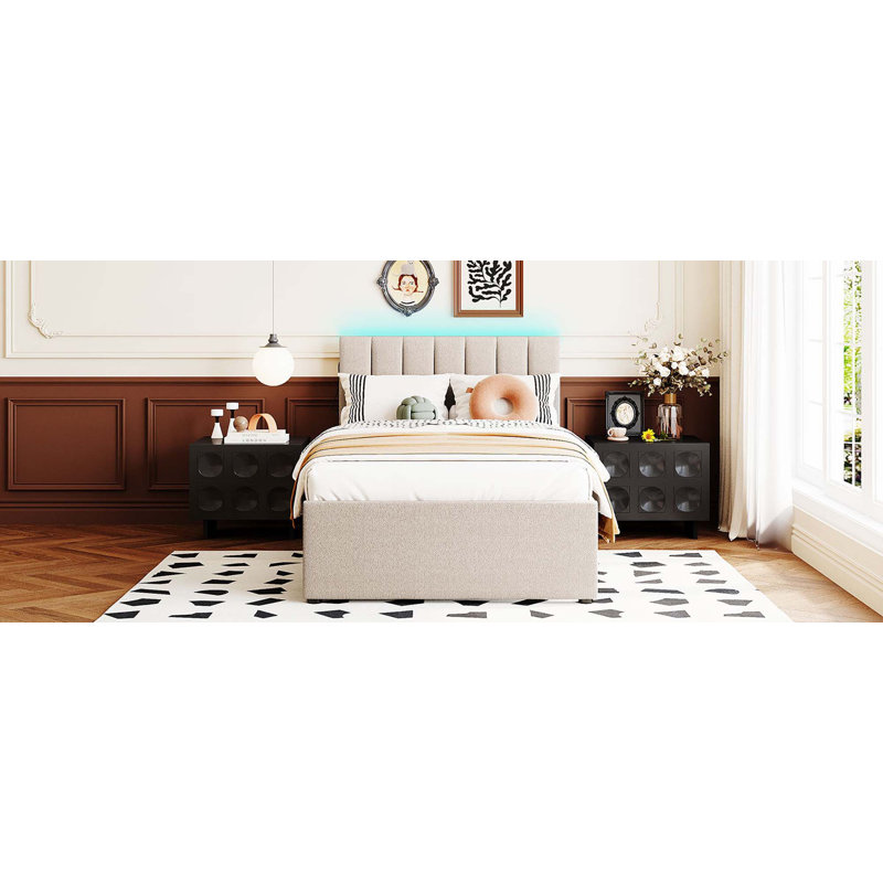 Lit plateforme tapissier simple avec lit gigogne Teddy, Beige