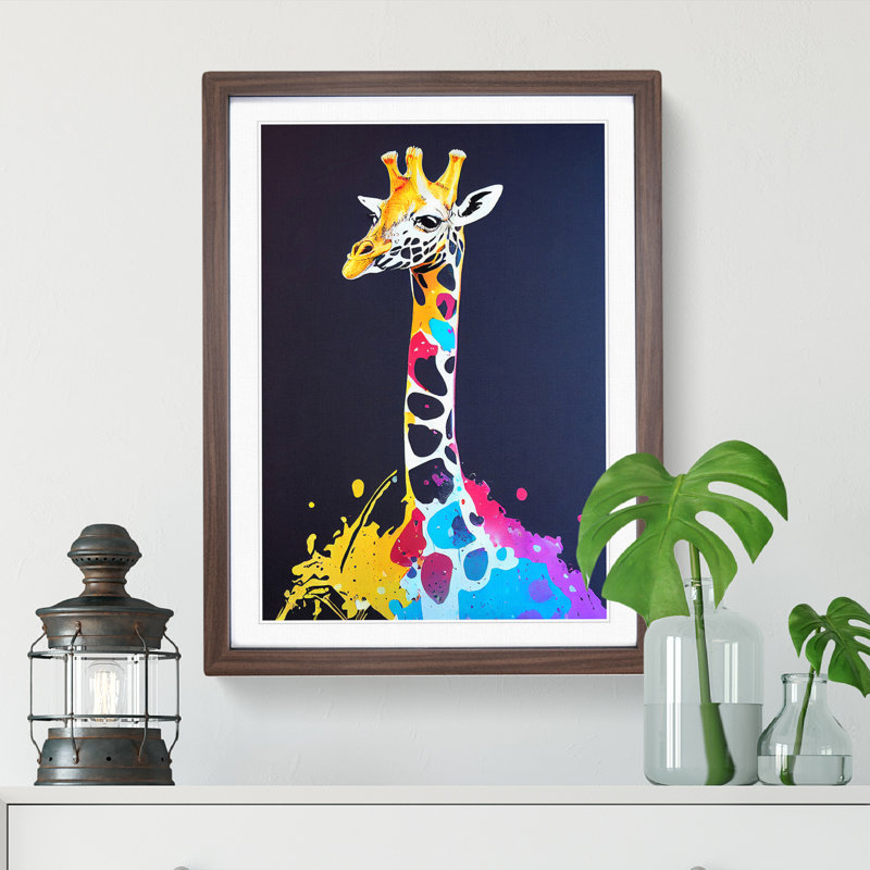 Giraffe Paint Splat No.1 - Single Picture Frame Painting, 64cm H x 46cm W x 2cm D, Walnut