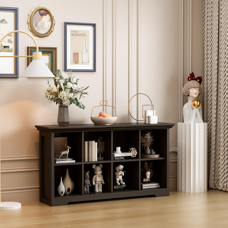 Cube Shelf Bookcase with Base - Wooden 2 Tiers Floor Standing Low Storage Cabinet for Home and Office, Black
