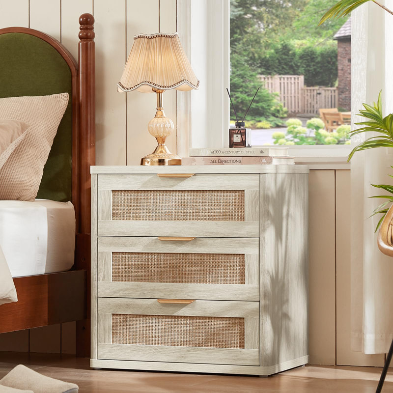 Rattan Night Stand with Drawers, 23" Large 3 Drawer Boho Nightstand, Bedside Table Storage Cabinet, Bed Side End Tables Dresser for Bedroom, Living Room, Hallway, Closet