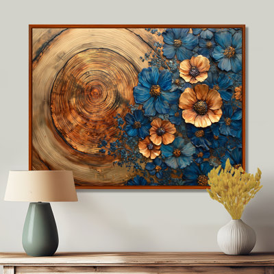 Fleurs bleues turquoise et paysage de rivière en bois I - Art mural bleuets