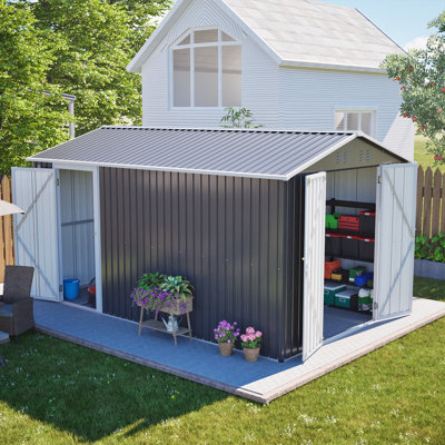 Abri de jardin extérieur en métal 2,4 x 3,7 m (8 x 12 pi) avec double porte - 371 x 240 x 201 cm (146 x 94,63 x 79,27 po) - Métal - 1 pièce - Abri de rangement - Gris - Porte double avec cadre de plancher