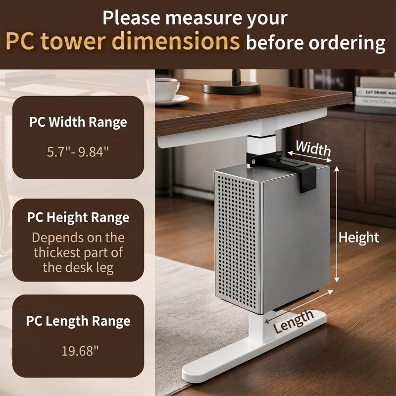 Support de bureau à roulettes pour PC, support réglable sous bureau avec roulettes, support CPU/tour d'ordinateur en acier robuste - Gain de place, entièrement compatible avec les pieds de table