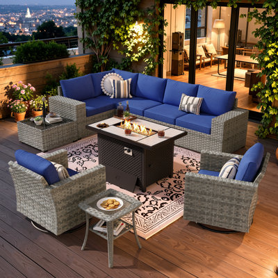 Ensemble de 10 canapés modulaires en rotin pour l'extérieur avec table de foyer, chaises berçantes pivotantes à 360 degrés et ensemble de conversation avec accoudoirs très larges