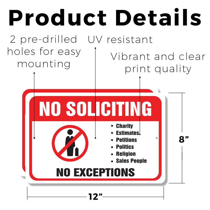 Signe en plastique «No Soliciting No Exception» (paquet de 2) 8 po x 12 po
