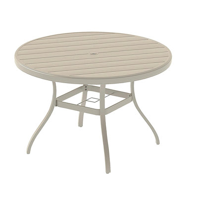 Outdoor Round Patio Dining Table for 6-7, All Weather Metal Dining Table with Umbrella Hole for Deck Lawn Garden Backyard, Sandstone Color