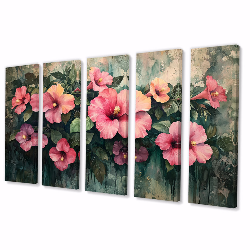 Fleurs d'hibiscus en harmonie tropicale I - art mural hibiscus - décoration murale traditionnelle, H 28 po x l 60 po, 5