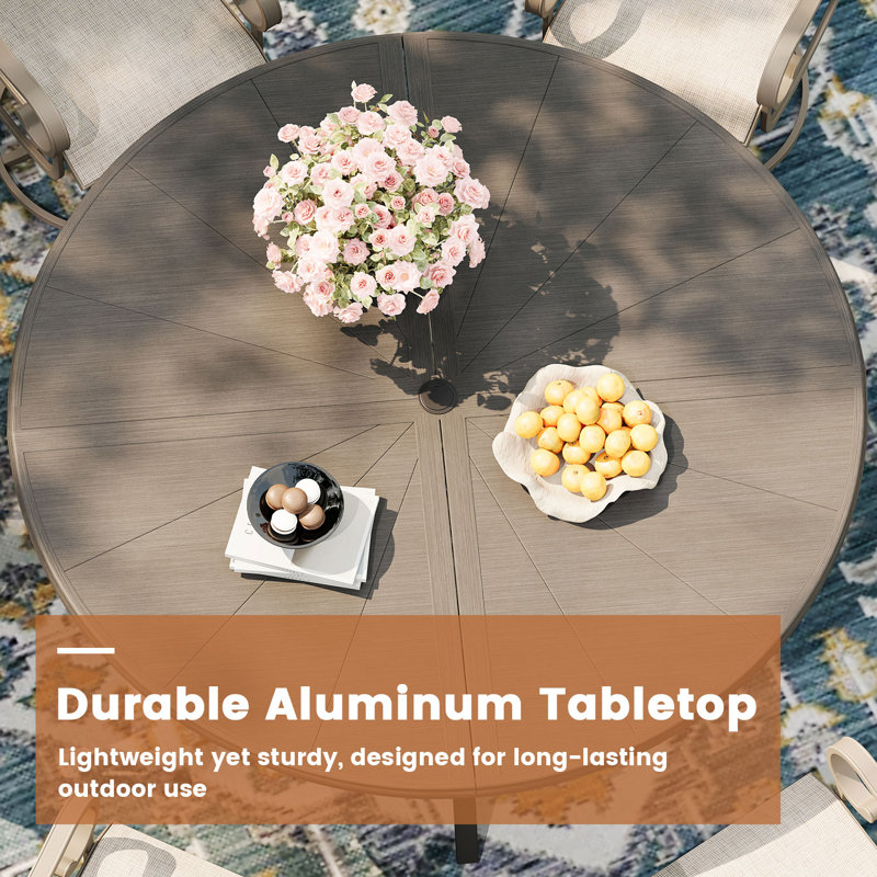 Aluminum Patio Dining Set with 53" Aluminum Round Dining Table and 6 PVC-Coated Polyester Swivel Chairs