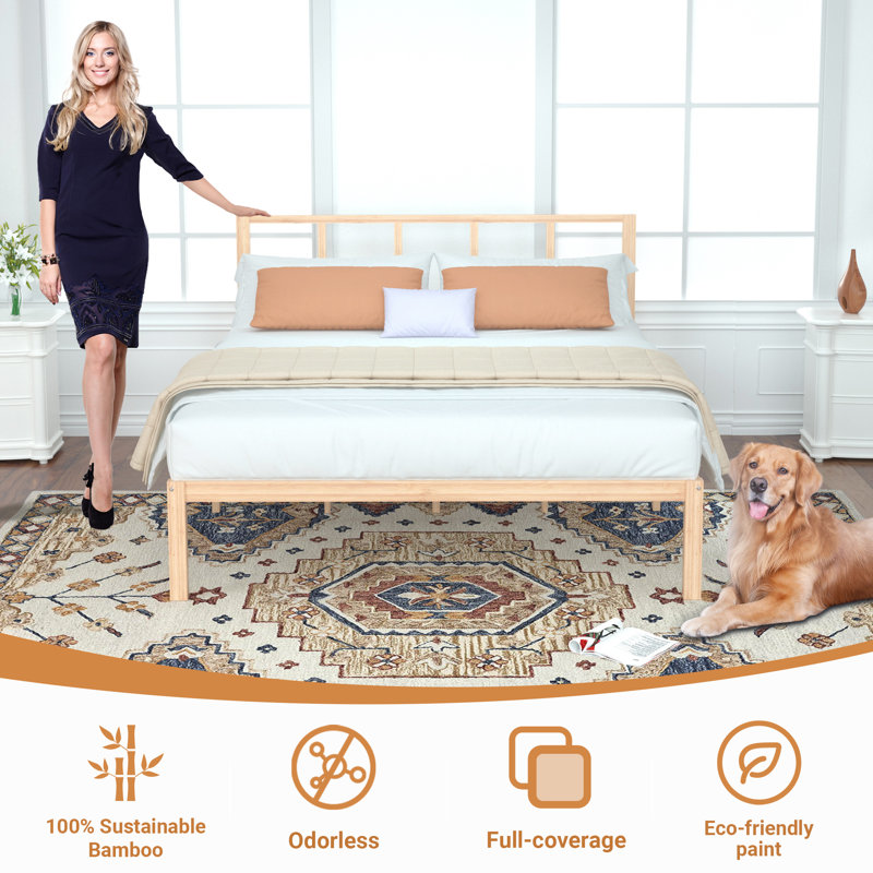 Bed Frame with Headboard Bamboo Wood Platform Beds with Slats Support, Full, Natural