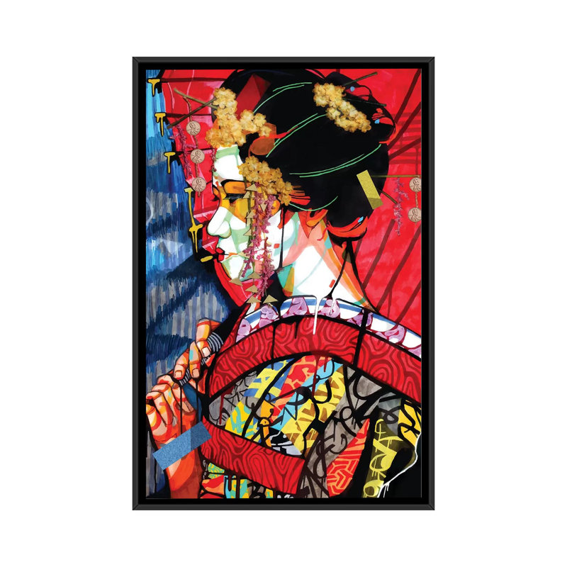 American Geisha - impression d'art graphique, Toile avec cadre noir, Pas de tapis, H 26 po x l 18 po x 1,5 po