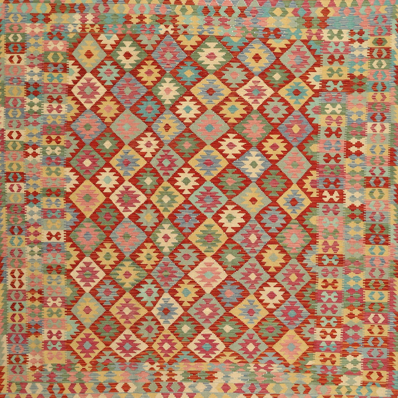 Tapis orange/jaune/vert contemporain, Carré 3 pi