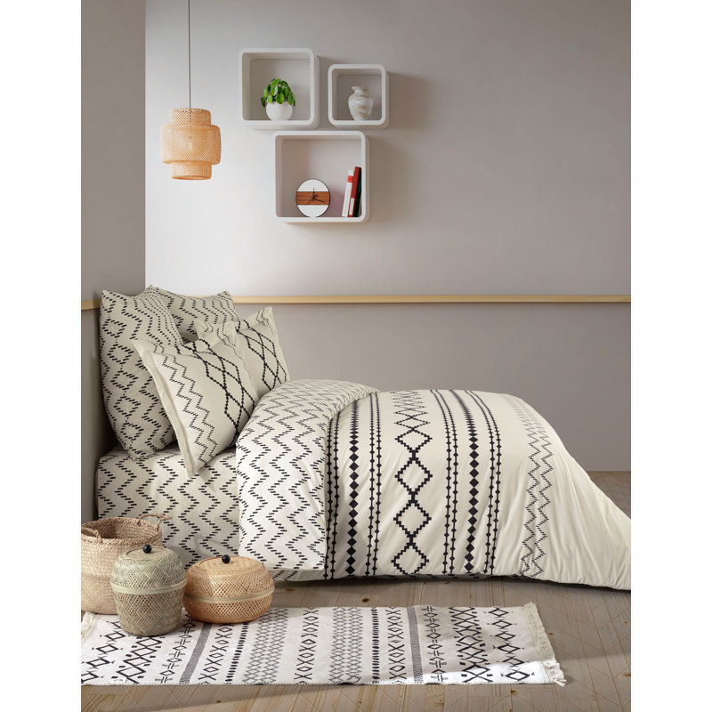 Ensemble de housse de couette simple Elegant Ranforce, 100% coton, crème et noir | Housse de couette 55,1 po x 78,7 po, taie d'oreiller 23,6 po x 23,6 po | 145 fils, lavable à la machine, enveloppes élégantes et boutons