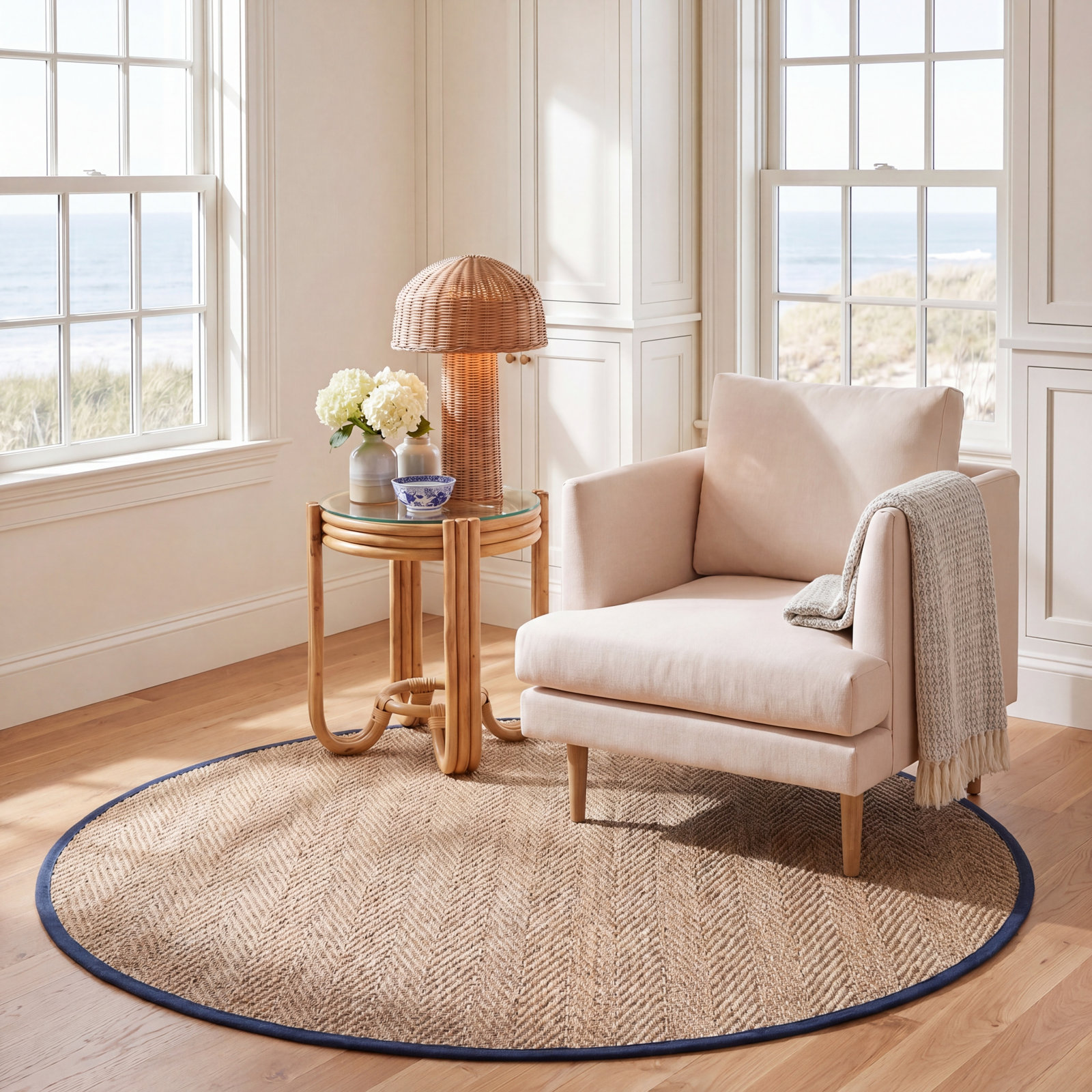 Auckland Natural/Blue Area Rug, Round 6'