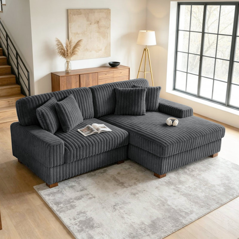 Canapé modulaire en flanelle avec accoudoirs et coussins décoratifs Stephania, Fausse fourrure grise