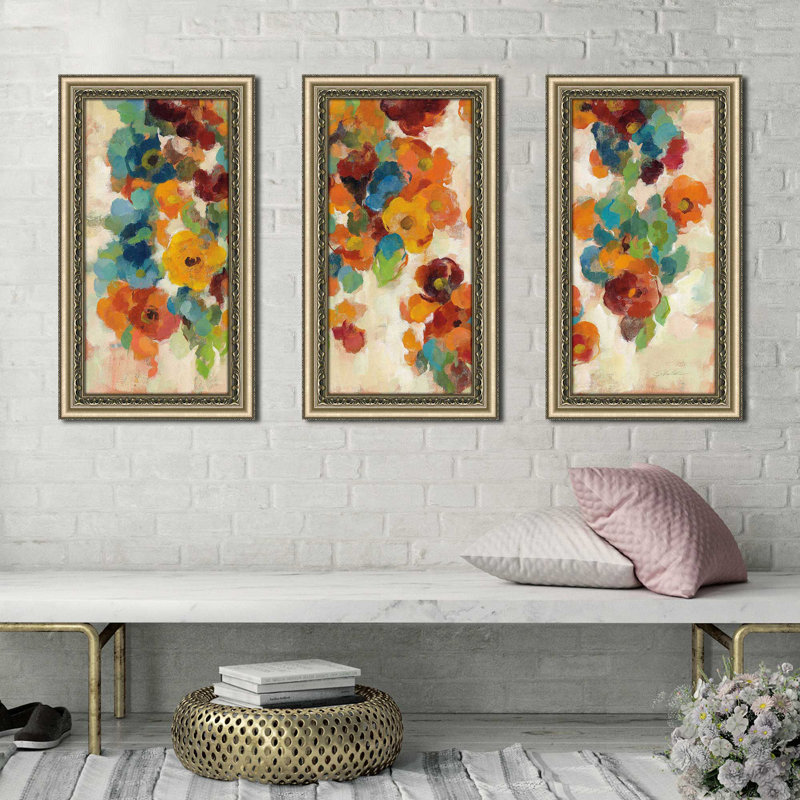 Spice and Turquoise Florals - Peinture encadrée 3 pièces, H 35,5 po x l 58,5 po x P 0,75 po