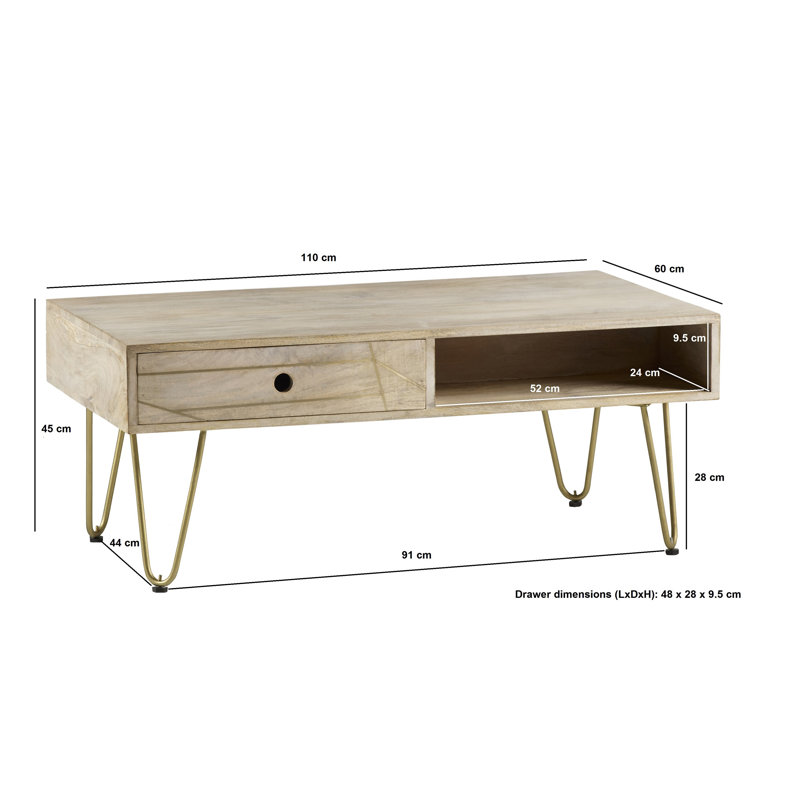 Rosewood Four Leg Coffee Table with Storage, Light Natural