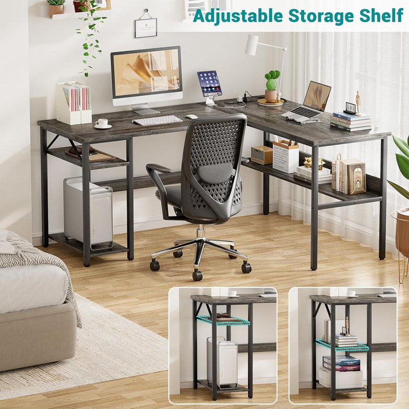 Mishaal L-Shaped Metal Base Computer Desk with Power Outlet, Gray