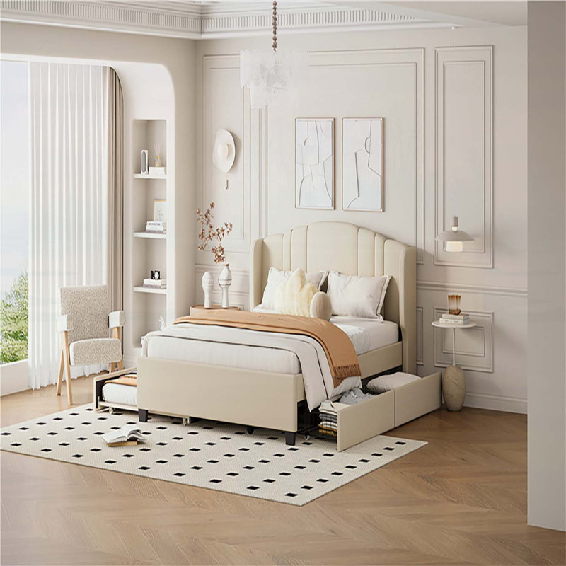 Élégant lit plateforme tapissier avec tête de lit à oreilles, lit gigogne simple et tiroirs de rangement, aucun sommier requis, tissu en lin, grand
