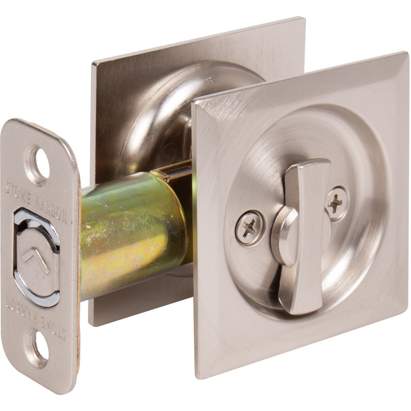 Contemporary Square Pocket Door Lock Entry with 2-3/8" Latch - Satin Nickel, Satin Nickel