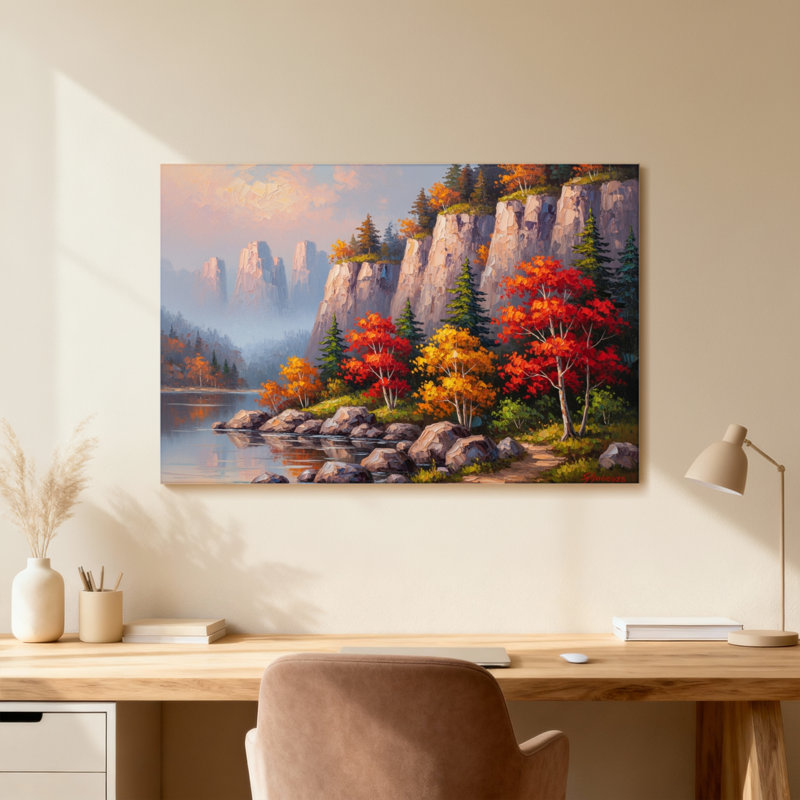 Plantes et fleurs, paysage d'automne avec montagnes et lac, H 12 po x l 18 po, Toile tendue, Ne s’applique pas