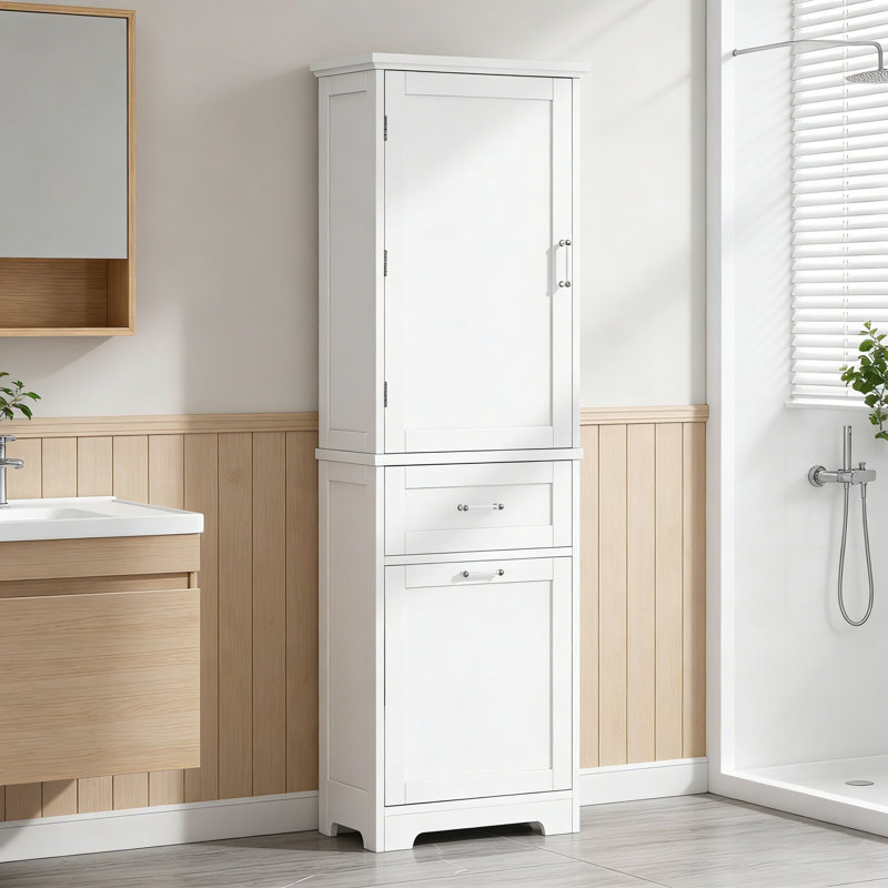 Tall Freestanding Bathroom Storage Cabinet - Dual Different-Size Drawers & Adjustable Shelf, Painted MDF, White