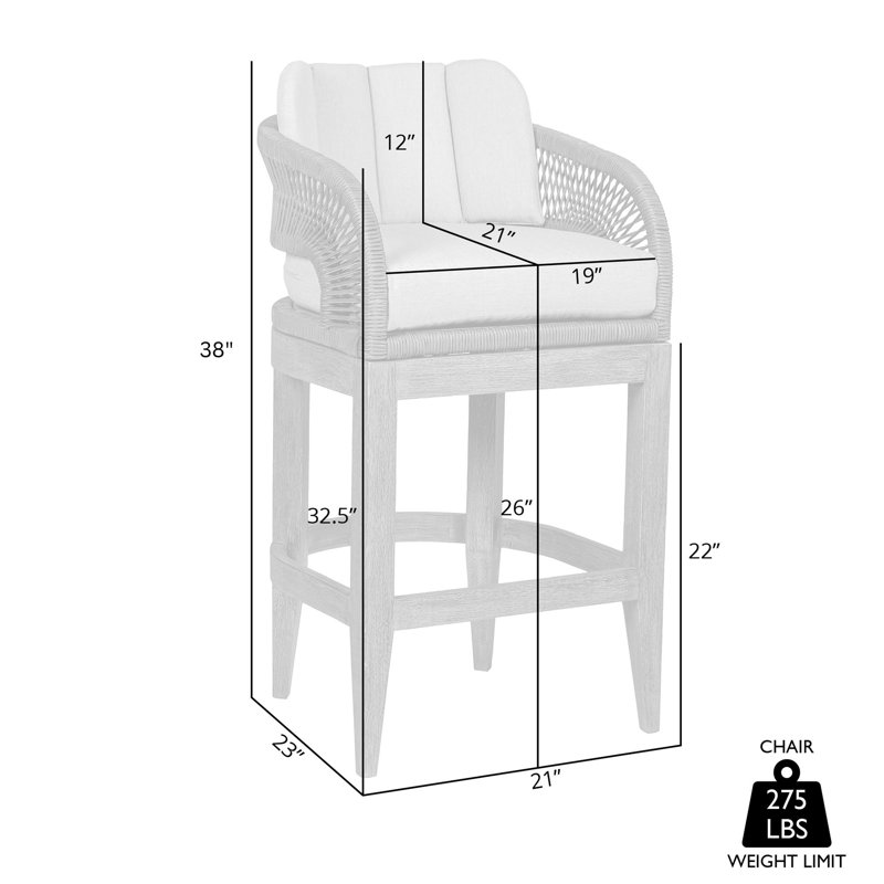 Hareton Outdoor Counter or Bar Stool in Eucalyptus Wood with Gray Rope an Olefin Cushions, 26" H