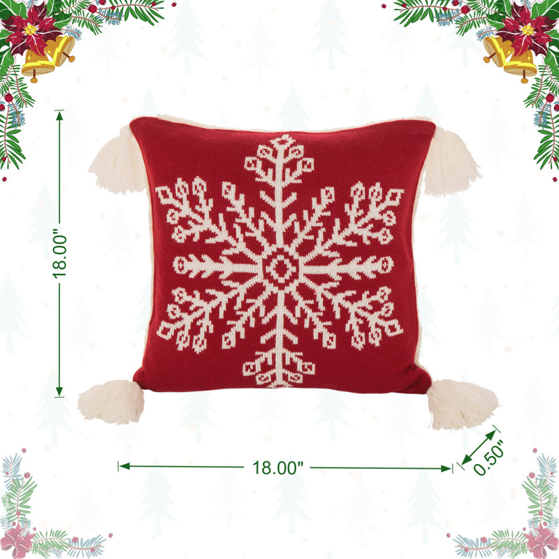 Red Knitted Snowflake Pillow Cover with Tassels