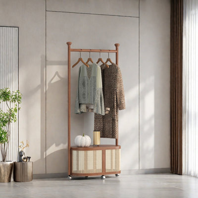 Rounded Solid Wood Coat Rack with Woven Rattan