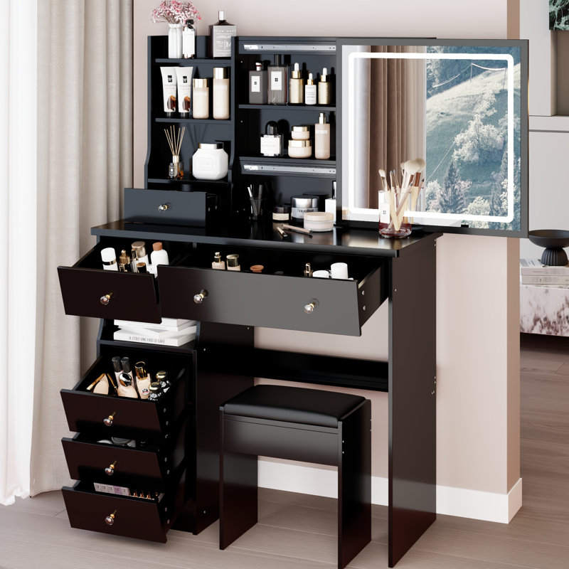 Meuble-lavabo de 37 po avec tabouret de bureau et tabouret rembourré 37 po, miroir coulissant avec réglage tactile de la luminosité à trois couleurs pour un environnement spacieux