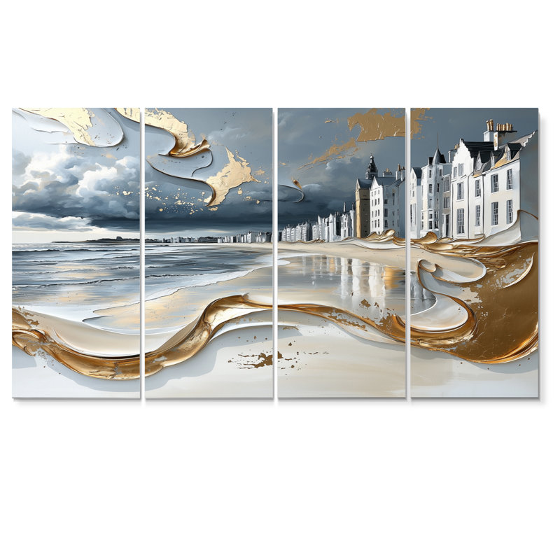 Ensemble de décorations murales bleues et dorées sur la plage d'Aberdeen en Écosse II, H 32 po x l 64 po