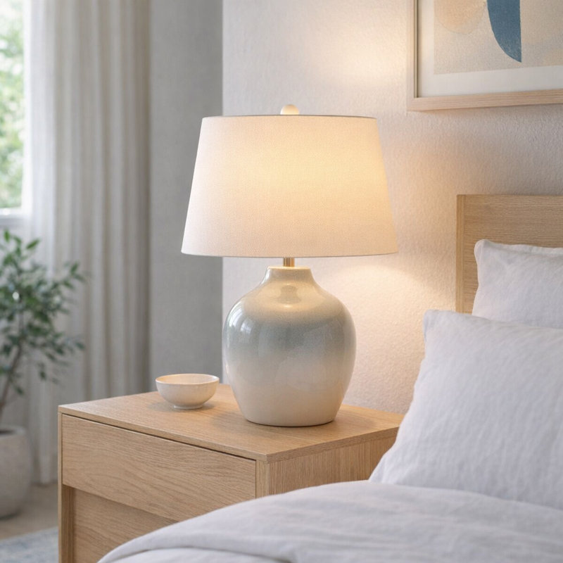 Orren Ellis Ceramic Table Lamp 27" - Blue/White Reactive Finish Decor Piece