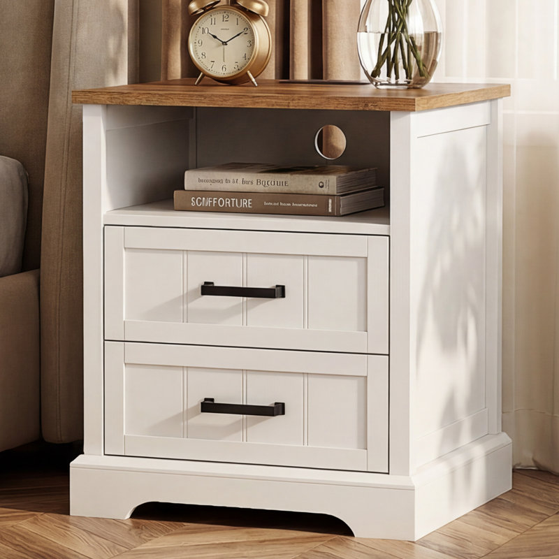 Farmhouse 19.7" W 2-Drawer Nightstand with Charging Station(Set of 2)