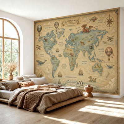 Papier peint adhésif carte du monde rétro pour les enfants, rétro, montgolfières, avion, papier auto-adhésif amovible, papier contact pour salon, chambre à coucher H 69 po x l 96 po